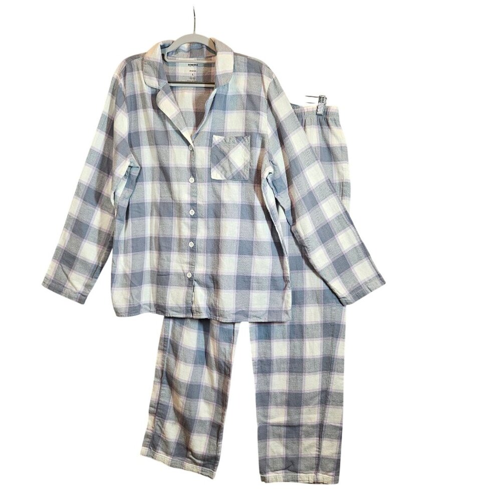 Sleepwear Womens L Plaid Cotton Flannel Pajama Set Top Pants gray lilac plaid